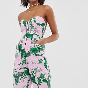 ASOS DESIGN bandeau button front jumpsuit with pockets in tropical print